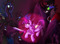 Size: 2729x2024 | Tagged: safe, artist:blackswhites, king sombra, queen chrysalis, twilight sparkle, alicorn, changeling, pony, g4, female, fight, force field, magic, mare, sword, twilight sparkle (alicorn)