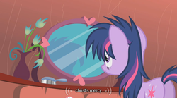 Size: 640x355 | Tagged: safe, edit, edited screencap, screencap, twilight sparkle, pony, bridle gossip, g4, bed mane, butt, caption, female, jesus christ, mare, mirror, morning ponies, plot, solo, youtube caption