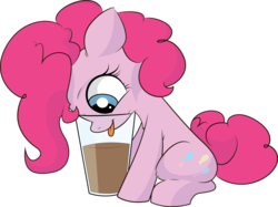 Size: 2800x2097 | Tagged: safe, artist:atryl, pinkie pie, earth pony, pony, g4, :p, behaving like a cat, chocolate, chocolate milk, cup, cute, diapinkes, drink, eyes on the prize, female, filly, filly pinkie pie, floppy ears, food, glass, horse problems, implied discord, mare, milk, open mouth, silly, silly pony, simple background, sitting, smiling, solo, stuck, tongue out, transparent background, vector, younger