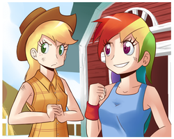 Size: 721x576 | Tagged: dead source, safe, artist:sallymon, applejack, rainbow dash, human, g4, humanized