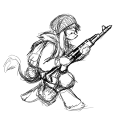 Size: 1280x1280 | Tagged: safe, artist:gordonfreeguy, oc, oc only, donkey, anthro, ak-74, anthro oc, assault rifle, backpack, femdonk, gun, hat, monochrome, reloading, running, solo