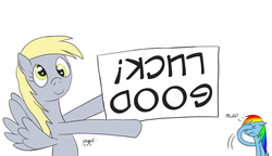 Size: 900x517 | Tagged: safe, artist:cartoon-eric, derpy hooves, rainbow dash, pegasus, pony, g4, facehoof, female, mare, sign, upside down