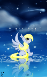 Size: 700x1127 | Tagged: safe, artist:genistine, derpy hooves, pegasus, pony, g4, cloud, digital art, ear fluff, female, mare, missing cutie mark, night, night sky, profile, ripple, ripples, shooting star, signature, sitting, sky, solo, spread wings, stars, wings