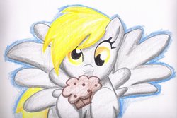 Size: 1024x685 | Tagged: safe, artist:vicockart, derpy hooves, pegasus, pony, g4, female, mare, muffin, solo, traditional art