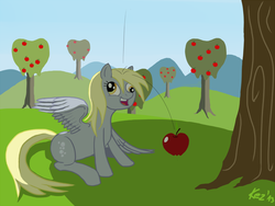 Size: 1000x750 | Tagged: safe, artist:kezcro, derpy hooves, pegasus, pony, g4, apple, female, mare, solo, tree