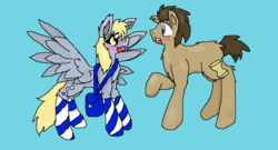 Size: 1024x553 | Tagged: safe, artist:muffinmaximum, derpy hooves, doctor whooves, time turner, pegasus, pony, g4, bag, blushing, clothes, female, male, mare, ship:doctorderpy, shipping, socks, straight, striped socks