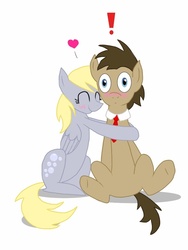 Size: 768x1024 | Tagged: safe, artist:mirisilky, derpy hooves, doctor whooves, time turner, earth pony, pegasus, pony, g4, blushing, exclamation point, female, heart, hug, male, necktie, ship:doctorderpy, shipping, stallion, straight