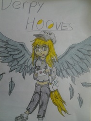 Size: 938x1250 | Tagged: safe, artist:applejackv3, derpy hooves, human, g4, bag, feather, female, hat, humanized, letter, mail, solo, traditional art, winged humanization