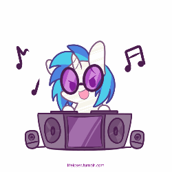 Size: 500x500 | Tagged: safe, artist:php56, dj pon-3, vinyl scratch, pony, unicorn, g4, animated, chibi, cute, female, music notes, open mouth, simple background, solo, turntable, white background