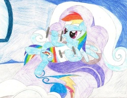 Size: 900x698 | Tagged: safe, artist:wjmmovieman, rainbow dash, pegasus, pony, g4, bed, clothes, dumbbell (object), exercise, female, frilly underwear, mare, panties, rainbow panties, rainbow underwear, solo, tank top, traditional art, underwear, weight lifting, weights