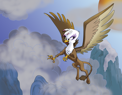 Size: 3920x3050 | Tagged: safe, artist:shinjitoo, gilda, griffon, g4, cloud, cloudy, female, flying, mountain, solo