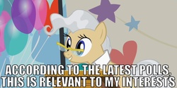 Size: 1000x500 | Tagged: safe, mayor mare, g4, balloon, caption, female, glasses, image macro, reaction image, relevant to my interests, solo