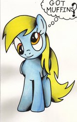 Size: 1024x1617 | Tagged: safe, artist:latenate's dad, derpy hooves, pegasus, pony, g4, female, mare, solo, thought bubble, traditional art