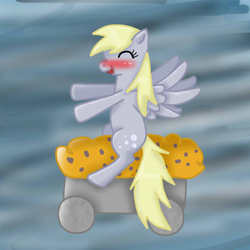 Size: 512x512 | Tagged: safe, artist:missmeower, derpy hooves, pegasus, pony, g4, blushing, female, mare, muffin, riding, solo