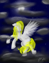 Size: 1024x1325 | Tagged: safe, artist:oolittlekittyoo, derpy hooves, pegasus, pony, g4, cloud, cloudy, female, mare, moon, night, solo