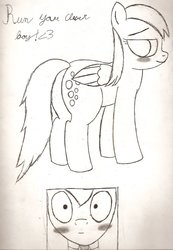 Size: 1024x1482 | Tagged: safe, artist:dark-southern-rebel, derpy hooves, doctor whooves, time turner, pegasus, pony, g4, blushing, butt, female, male, mare, plot, ship:doctorderpy, shipping, straight, traditional art