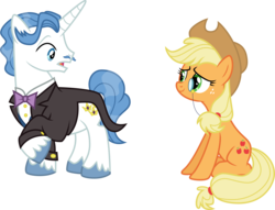 Size: 3735x2851 | Tagged: safe, artist:ready2fail, applejack, fancypants, g4, applepants, cute, eye contact, fancijack, female, male, monocle, simple background, smiling, straight, surprised, transparent background, unshorn fetlocks, vector