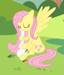 Size: 826x966 | Tagged: safe, artist:fralorgrafon, fluttershy, pegasus, pony, g4, bong, drugs, eyes closed, female, flutterhigh, high, sitting, solo