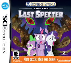 Size: 900x803 | Tagged: safe, artist:nickyv917, king sombra, rarity, spike, twilight sparkle, dragon, pony, unicorn, g4, box art, e10+ rating, esrb, female, male, mare, nintendo ds, open mouth, parody, professor layton, unicorn twilight, video game, wingless spike