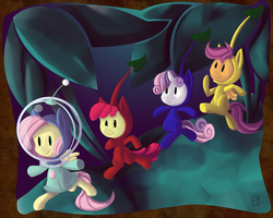 Size: 3500x2800 | Tagged: safe, artist:fauxsquared, apple bloom, fluttershy, scootaloo, sweetie belle, pikmin, pony, g4, blue pikmin, clothes, costume, cutie mark crusaders, group, hoodie, leaf, nintendo, pikmin (series), quartet, red pikmin, smiling, space helmet, yellow pikmin