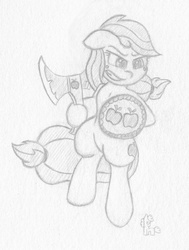 Size: 830x1100 | Tagged: safe, artist:ramott, applejack, earth pony, pony, g4, axe, bipedal, female, monochrome, shield, solo, traditional art