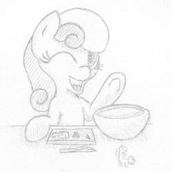 Size: 800x800 | Tagged: safe, artist:ramott, bon bon, sweetie drops, earth pony, pony, g4, bowl, carrot, cooking, female, food, grayscale, happy, knife, monochrome, one eye closed, smiling, solo, traditional art, waving, wink