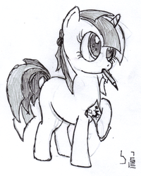 Size: 955x1196 | Tagged: safe, artist:bamthand, oc, oc only, oc:scribble tale, pony, unicorn, female, filly, monochrome, mouth hold, pencil, pencil drawing, solo, traditional art