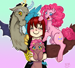 Size: 581x525 | Tagged: safe, artist:redmisa, discord, pinkie pie, oc, oc:choco pie, human, g4, blushing, family photo, female, group photo, interspecies offspring, male, mismatched horns, mismatched wings, offspring, parent:discord, parent:pinkie pie, parents:discopie, ship:discopie, shipping, straight, wings