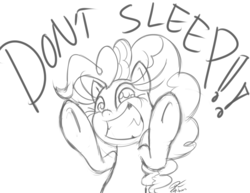 Size: 1280x989 | Tagged: dead source, safe, artist:leadhooves, pinkie pie, g4, female, fourth wall, grin, looking at you, monochrome, sketch, sleeping, solo