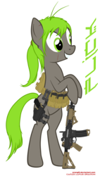 Size: 1831x3289 | Tagged: safe, artist:orang111, oc, oc only, earth pony, pony, ar-15, bipedal, gun, magpul, picatinny rail, pistol, ponytail, reflex sight, rifle, scar, smiling, solo