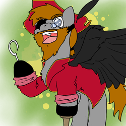 Size: 800x800 | Tagged: safe, artist:horseofpretense, oc, oc only, pegasus, pony, amputee, beard, chest fluff, eyepatch, hook, male, peg leg, pirate, prosthetic leg, prosthetic limb, prosthetics, solo