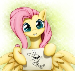 Size: 1600x1516 | Tagged: safe, artist:xn-d, angel bunny, fluttershy, g4, carrot, cute, female, hipster, note, shyabetes, solo