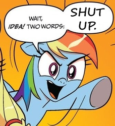 Size: 334x366 | Tagged: safe, idw, rainbow dash, g4, exploitable meme, meme, reaction image, shut up, two words meme