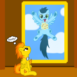 Size: 1000x1000 | Tagged: safe, artist:sky-sketch, soarin', spitfire, g4, against glass, cute, pie, sitting, soarinbetes, that pony sure does love pies, tongue out, window