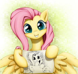 Size: 1600x1516 | Tagged: safe, artist:xn-d, edit, fluttershy, g4, female, note, paper, sign, smiling, solo