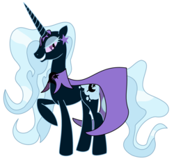 Size: 900x845 | Tagged: dead source, safe, artist:dazed-and-wandering, idw, trixie, pony, unicorn, g4, corrupted, female, grin, looking at you, mare, nightmare (entity), nightmare trixie, nightmarified, raised hoof, simple background, smiling, solo, transparent background