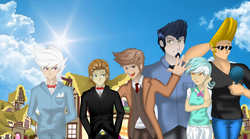 Size: 2700x1500 | Tagged: safe, artist:edowaado, con mane, doctor whooves, donut joe, iron will, lyra heartstrings, time turner, oc, g4, crossover, doctor who, foresight, humanized, johnny bravo