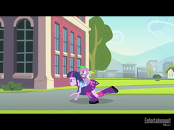 Size: 1024x768 | Tagged: safe, screencap, spike, twilight sparkle, dog, human, equestria girls, g4, my little pony equestria girls, all fours, duo, female, letterboxing, male, riding, running, screen, spike the dog