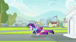 Size: 634x353 | Tagged: safe, screencap, indigo wreath, spike, twilight sparkle, dog, human, equestria girls, g4, my little pony equestria girls, animated, background character, background human, backpack, blue dog, boots, canterlot high, clothes, collar, dog collar, dogs riding humans, female, high heel boots, lead, male, necktie, pants, riding, shirt, shoes, skirt, spike riding twilight, spike the dog, walking