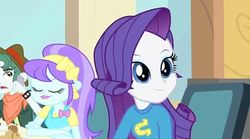 Size: 636x354 | Tagged: safe, screencap, aqua blossom, rarity, scott green, human, equestria girls, g4, my little pony equestria girls, background character, background human, bandana, bow, bracelet, chair, clothes, cropped, ear piercing, earring, female, hairband, hat, jewelry, male, phone, piercing, shirt, sitting, sweater, table, wondercolts, wondercolts uniform