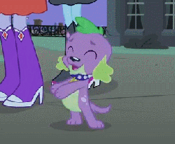 Size: 327x270 | Tagged: safe, screencap, cloudy kicks, photo finish, spike, dog, human, equestria girls, g4, my little pony equestria girls, animated, background character, background human, boots, clapping, clothes, collar, cropped, dog collar, dress, fall formal outfits, high heel boots, legs, paw pads, pictures of legs, skirt, spike the dog, spike's dog collar, standing