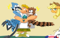 Size: 3582x2266 | Tagged: safe, artist:mordecairigbylover, applejack, g4, crossover, hug, male, mordecai, mordecai and rigby, owen (total drama), regular show, rigby (regular show), total drama island