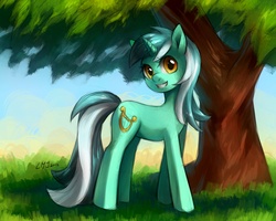 Size: 1500x1200 | Tagged: safe, artist:katiramoon, lyra heartstrings, pony, unicorn, g4, female, grin, looking at you, smiling, solo, tree