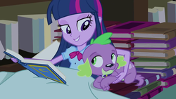 Size: 1280x720 | Tagged: safe, screencap, spike, twilight sparkle, dog, equestria girls, g4, my little pony equestria girls, bed, bedroom eyes, book, female, library, male, spike the dog, spikelove