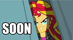 Size: 853x470 | Tagged: safe, sunset shimmer, equestria girls, g4, my little pony equestria girls, evil, female, grin, image macro, shimmer peekaboo, solo, soon