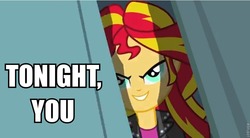 Size: 853x470 | Tagged: safe, sunset shimmer, equestria girls, g4, my little pony equestria girls, evil, evil grin, female, grin, image macro, shimmer peekaboo, solo, tonight you