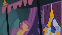 Size: 1280x720 | Tagged: safe, screencap, rarity, scootaloo, pegasus, pony, g4, season 3, sleepless in ponyville, butt, eyes on the prize, female, filly, foal, lidded eyes, looking at butt, mare, out of context, plot, rearity, scootabutt, spread wings, wingboner, wings