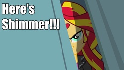 Size: 1280x720 | Tagged: safe, sunset shimmer, equestria girls, g4, my little pony equestria girls, caption, evil, evil grin, female, grin, here's johnny, image macro, shimmer peekaboo, solo, the shining