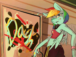 Size: 1024x768 | Tagged: safe, artist:swomswom, rainbow dash, anthro, g4, female, goggles, graffiti, solo, spray paint