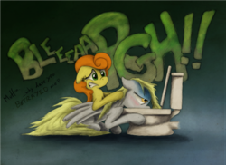 Size: 800x581 | Tagged: safe, artist:hewison, carrot top, derpy hooves, golden harvest, pegasus, pony, applebuck season, g4, baked bads, blushing, duo, female, mare, sick, toilet, vomit